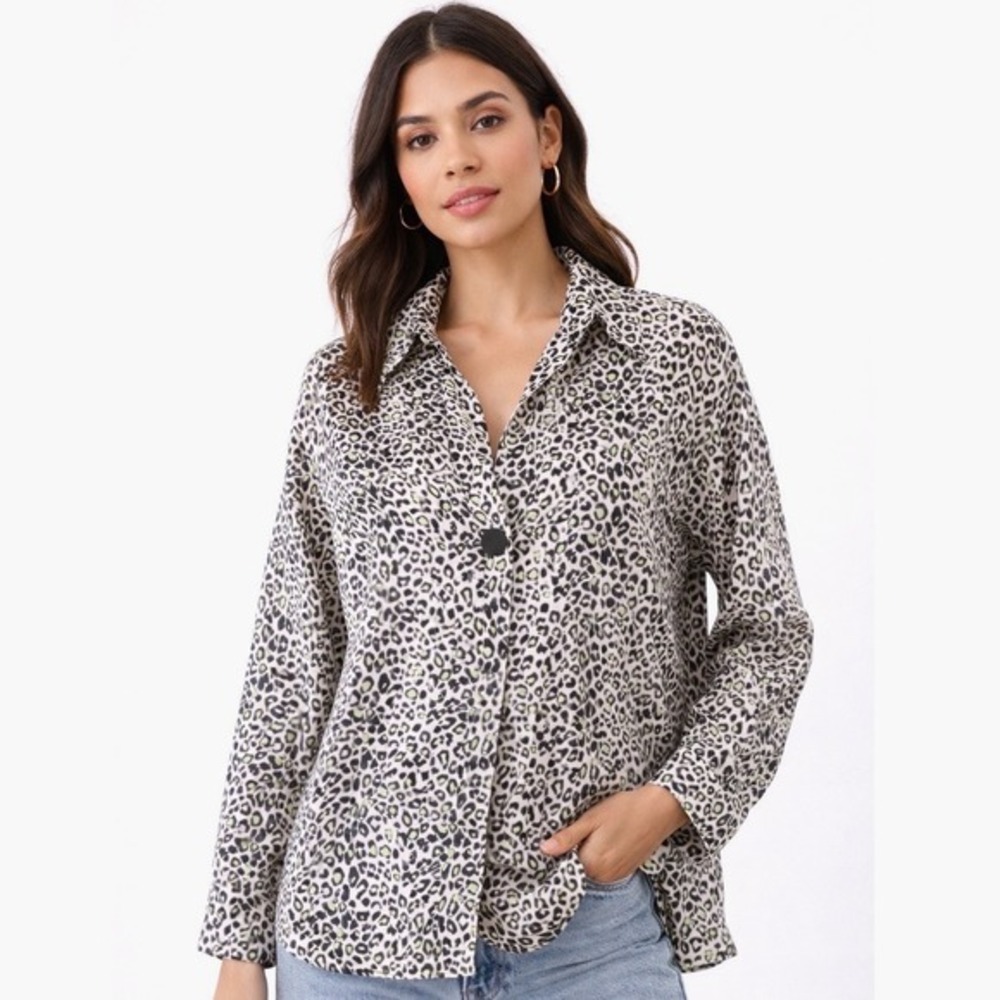ZARA Leopard Print Button Front Long Sleeve Shirt Womens M Resortwear Chic 80-63